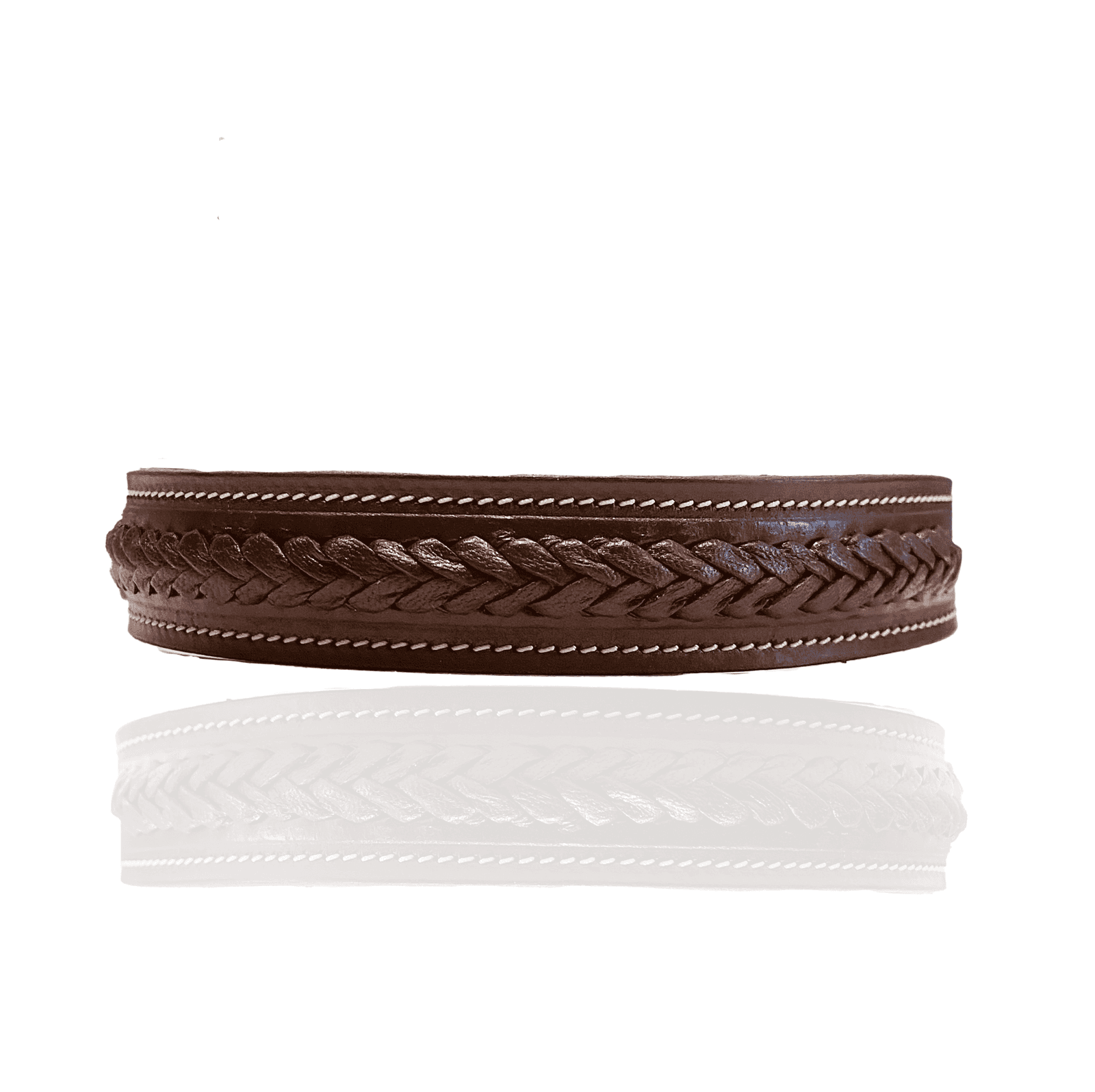 Close-up of the brown braided cowhide leather on the customisable Basel dog collar