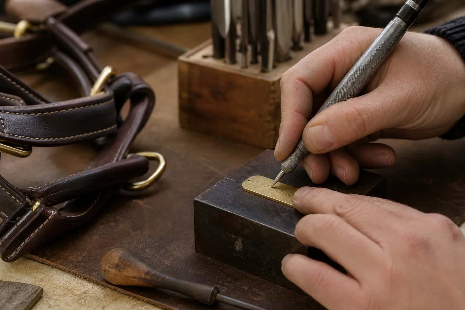 Mise en situation d’une plaque en laiton en cours de gravure à côté d’un équipement équestre en cuir