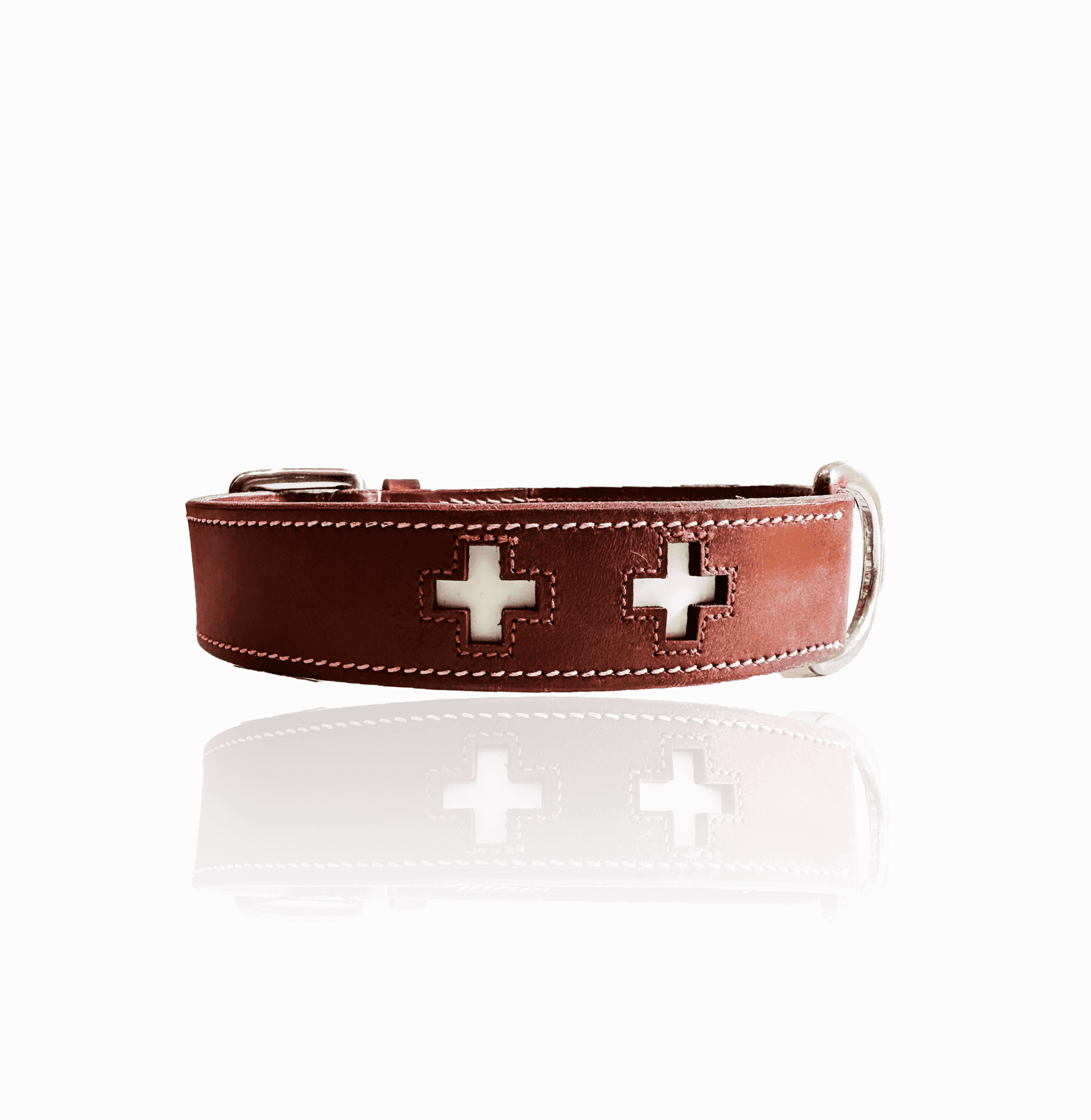 Swiss Vibe red leather dog collar with Swiss cross motif